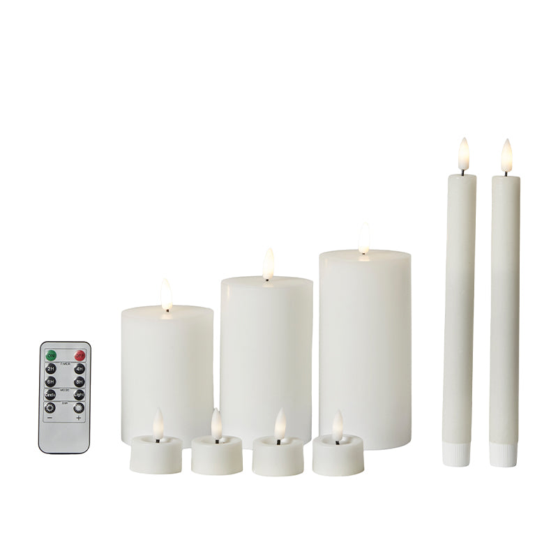 LED Lyspakke 10 dele - 3 bloklys, 2 stagelys, 4 fyrfadslys, 1 fjernbetjening med timerfunktion