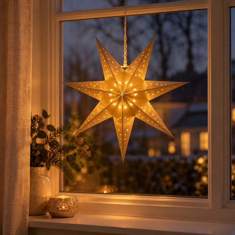 Pappersstjärna i guldfärg - med LED 40 cm