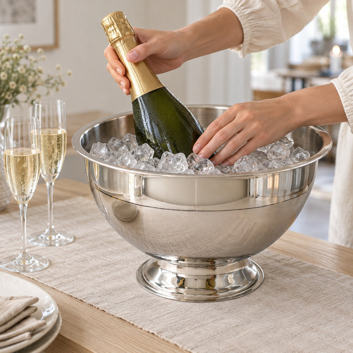 Skål på fod i stål med is og champagne