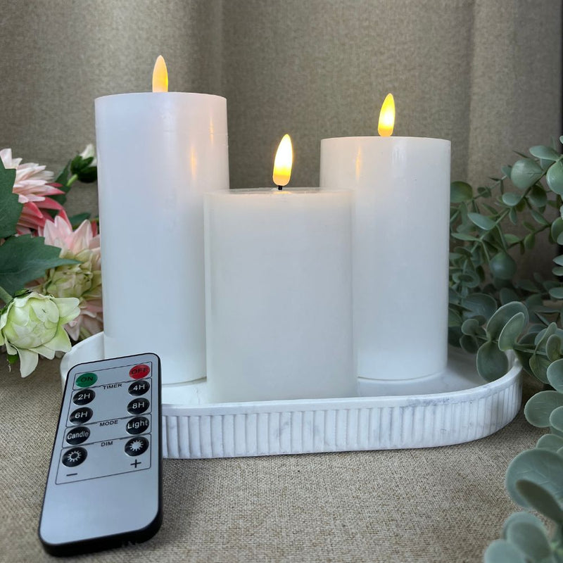 LED Bloklys 3 stk. med fjernbetjening - Ø7,5 cm - Hvid