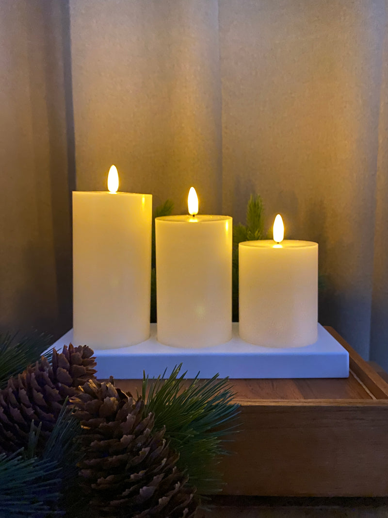 Conzept Electric - LED opladelige bloklys sæt med 3 stk. - 3D flamme med fjernbetjening, timerfunktion og opladningsstation