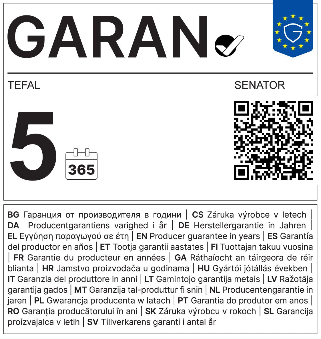 GARAN – Tefal Senator: 5 års producentgaranti